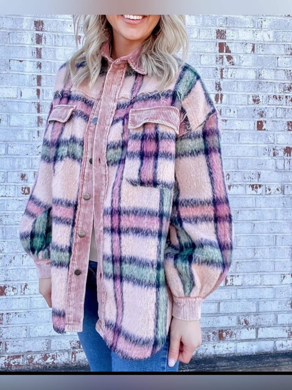 POL Plaid Pink Corduroy Trim Jacket Fall Pumpkin Patch Size S Oversized Relaxed